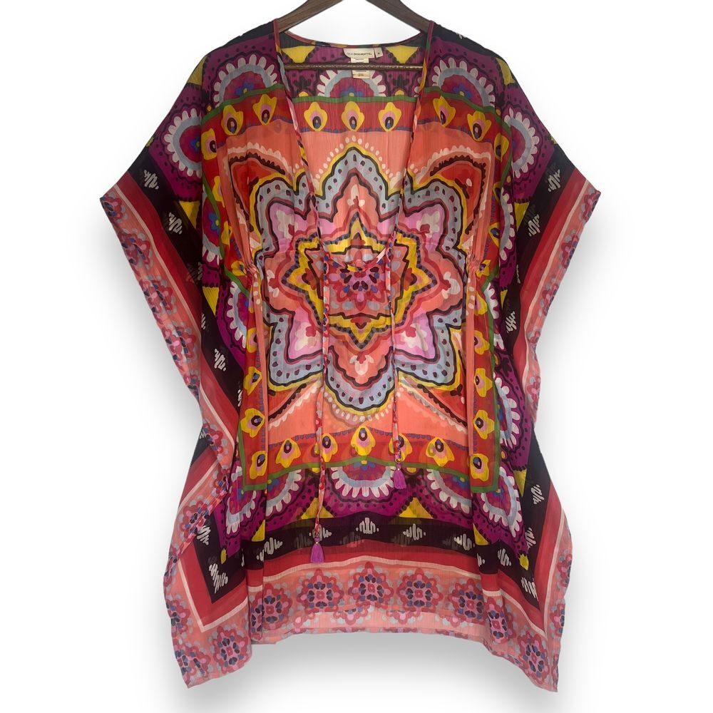 Bleu Rod Beattie Swim Coverup Sheer Multi Boho Tassel Neck Tie Kimono Caftan M
